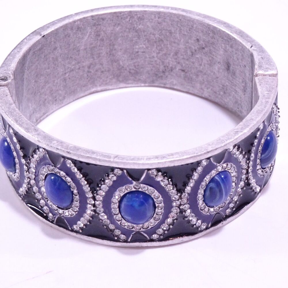 Designer Silver Onyx Enamel Lapis Blue Stone Crystal Cuff Bracelet NWOT 398